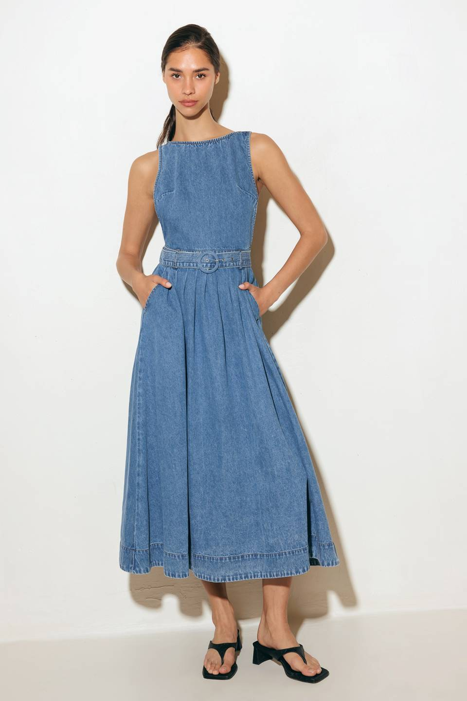 denim long pinafore dress Denim Maxi Pinafore Dress