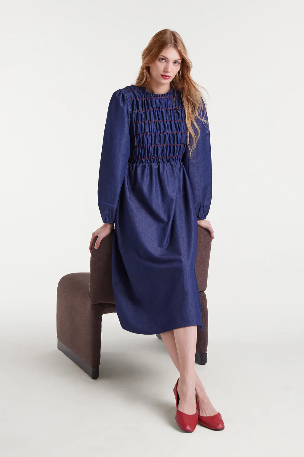 Smocked Chambray Midi Dress