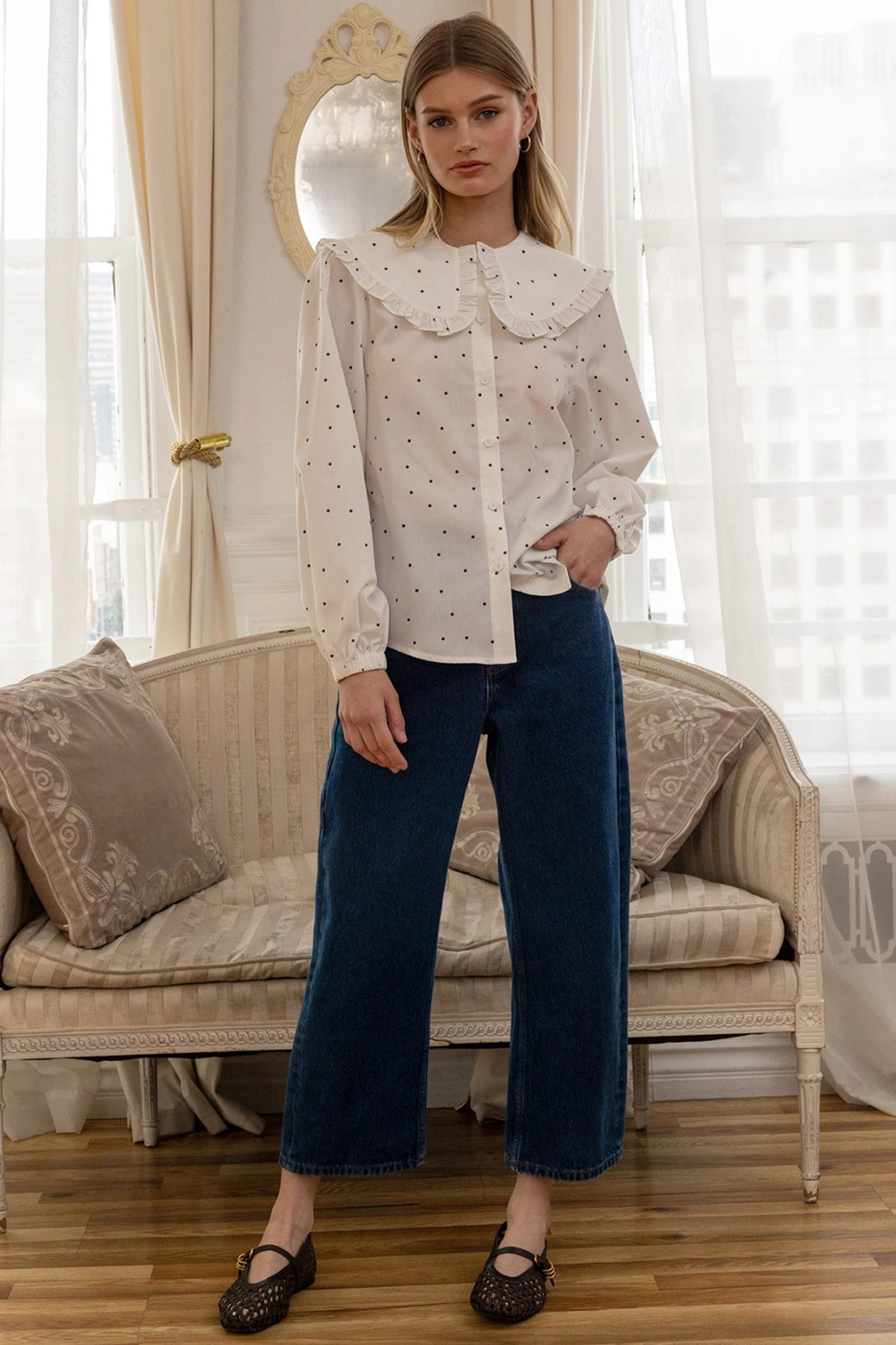 Polka Dot Ruffle Collar Blouse