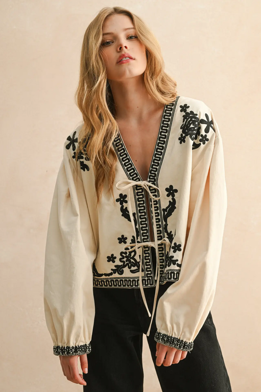 Front Tie Embroidered Jacket