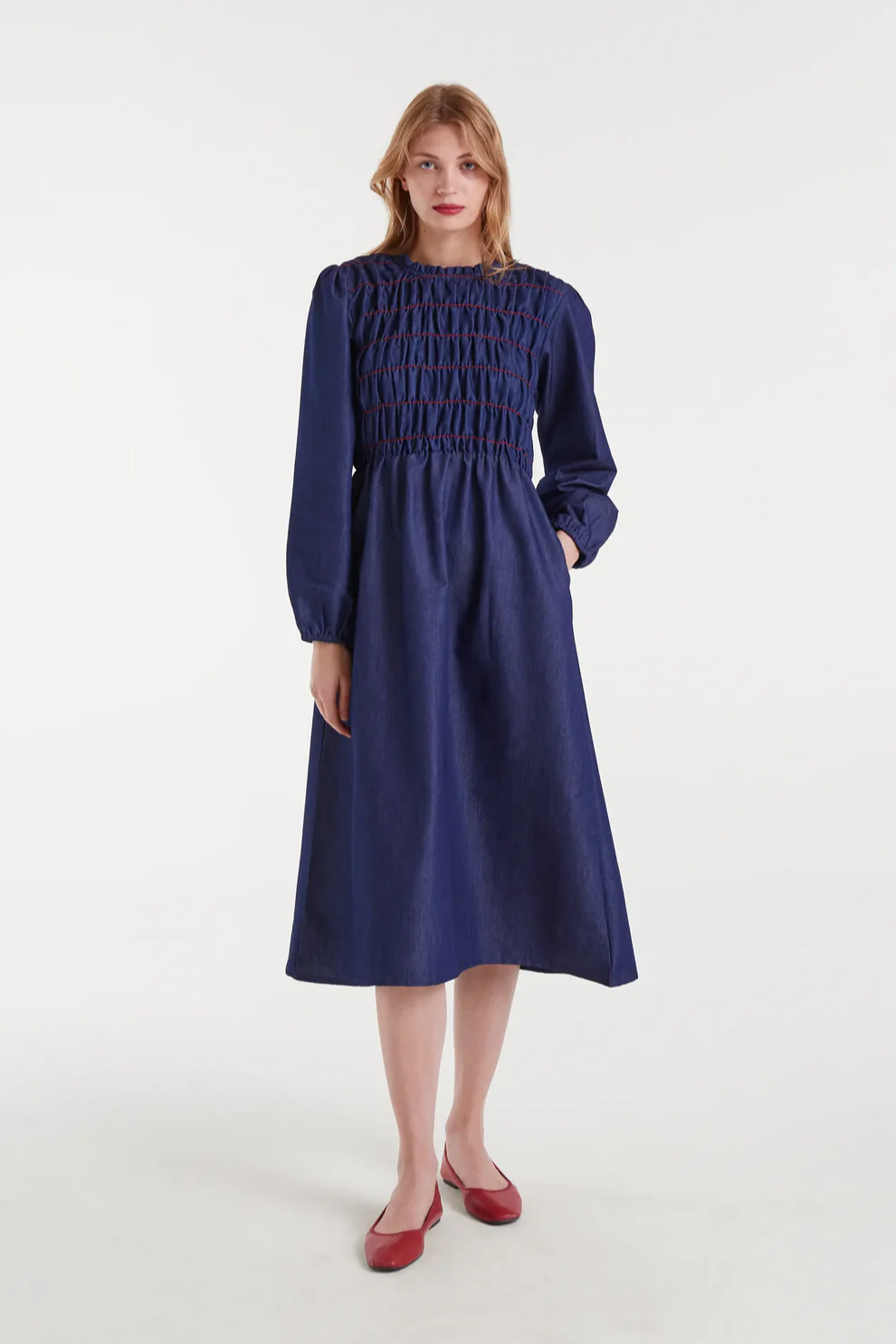 Smocked Chambray Midi Dress