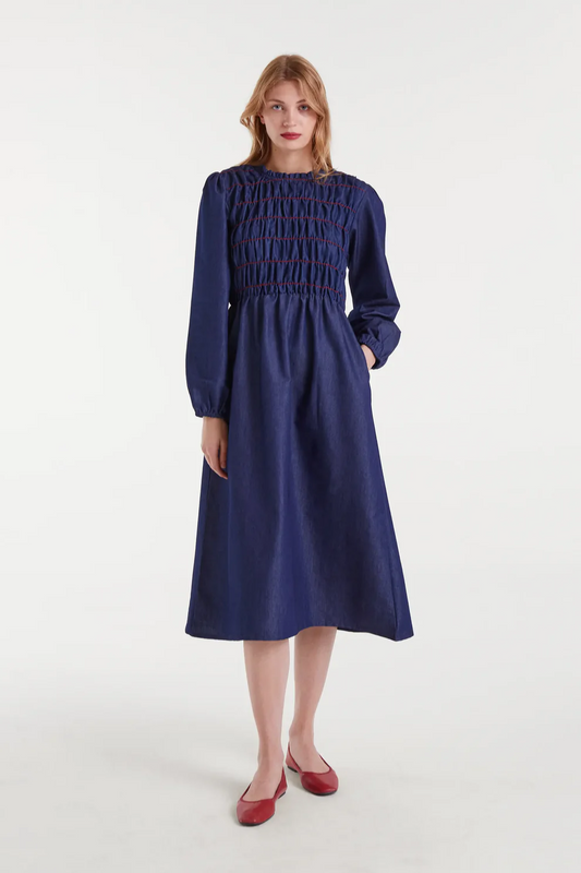 Smocked Chambray Midi Dress