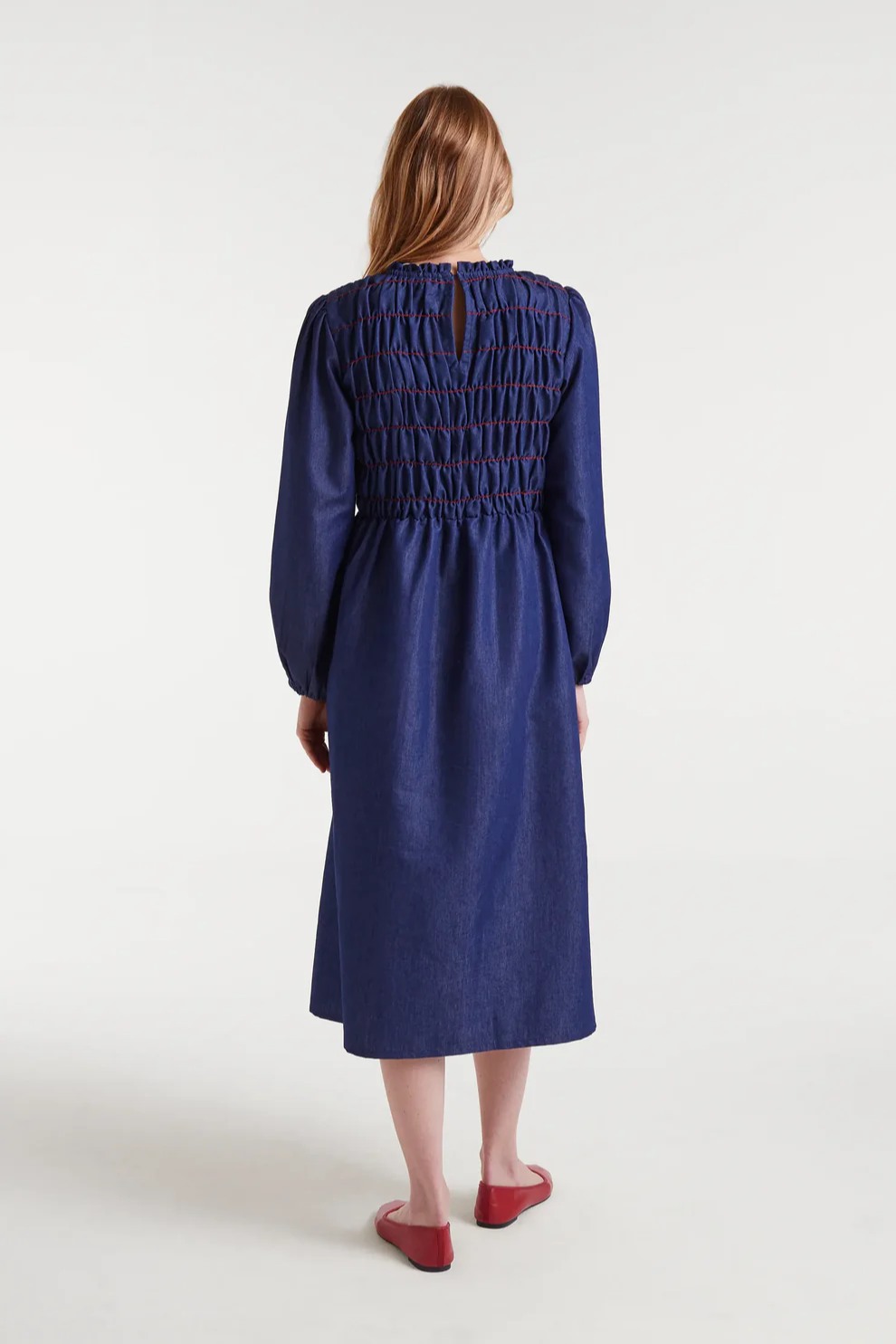 Smocked Chambray Midi Dress