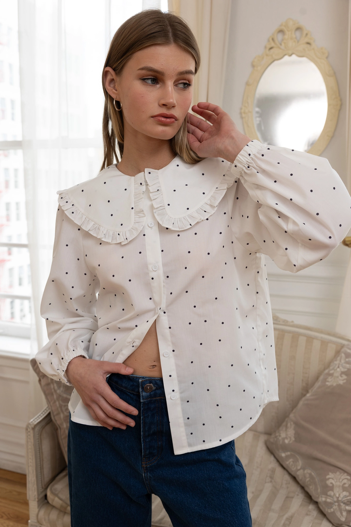Polka Dot Ruffle Collar Blouse