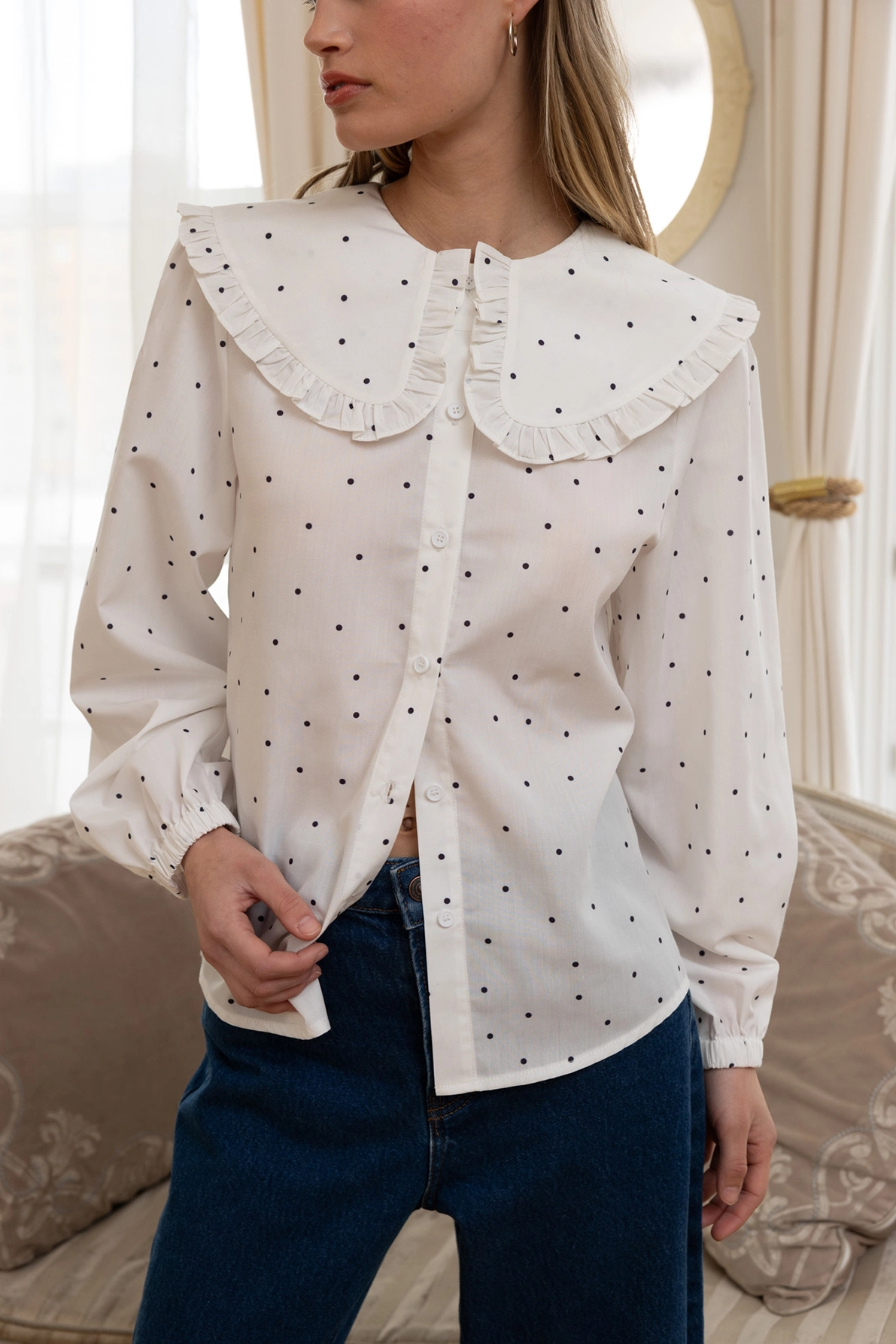 Polka Dot Ruffle Collar Blouse