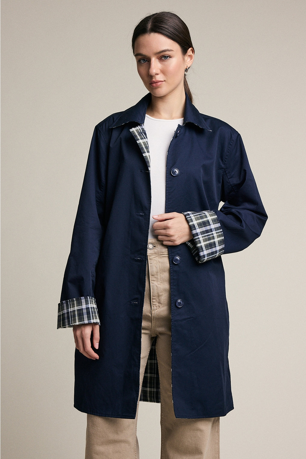 Reversible Plaid Lining Trench Jacket