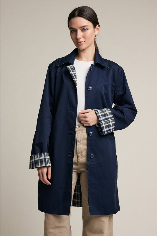 Reversible Plaid Lining Trench Jacket