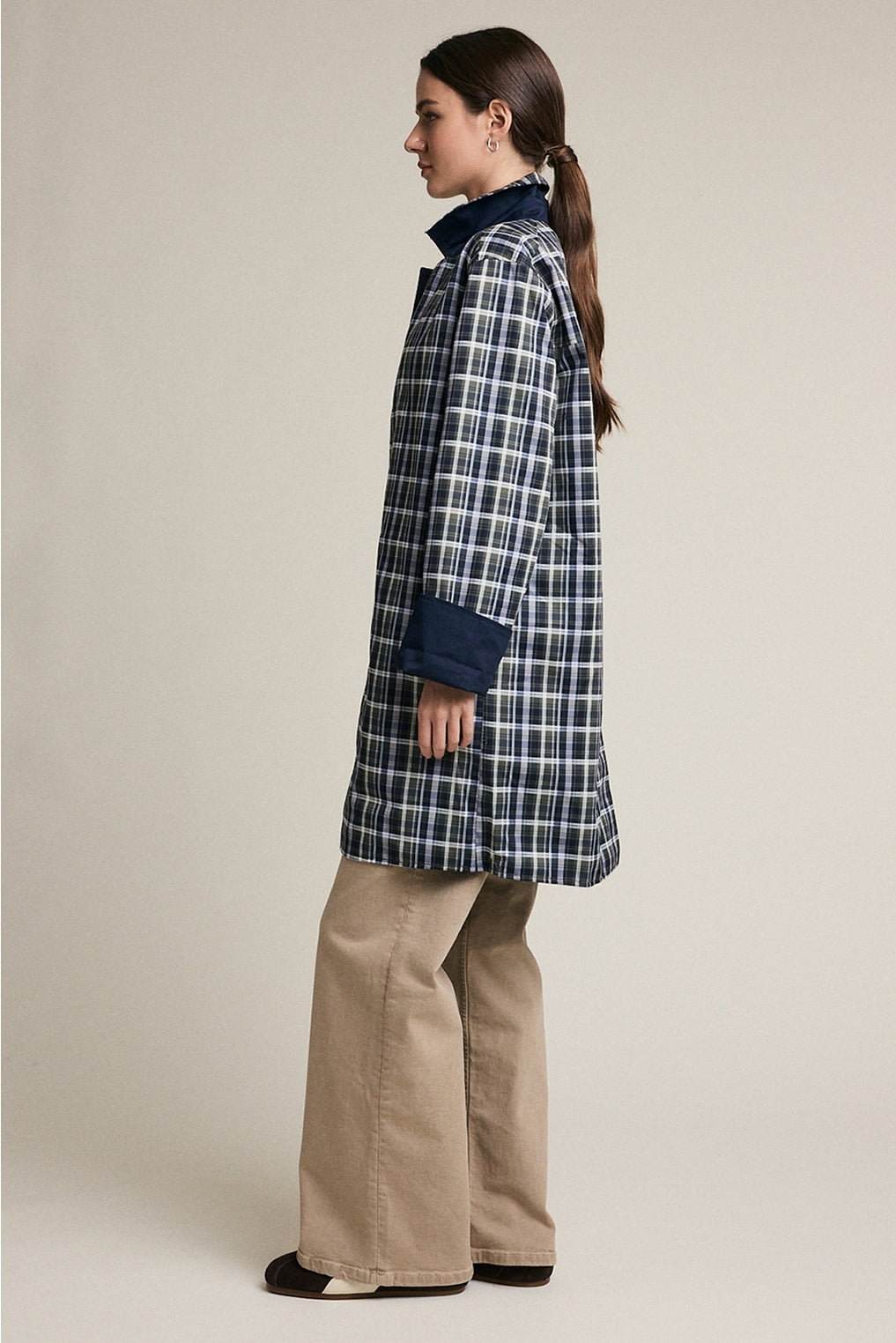 Reversible Plaid Lining Trench Jacket