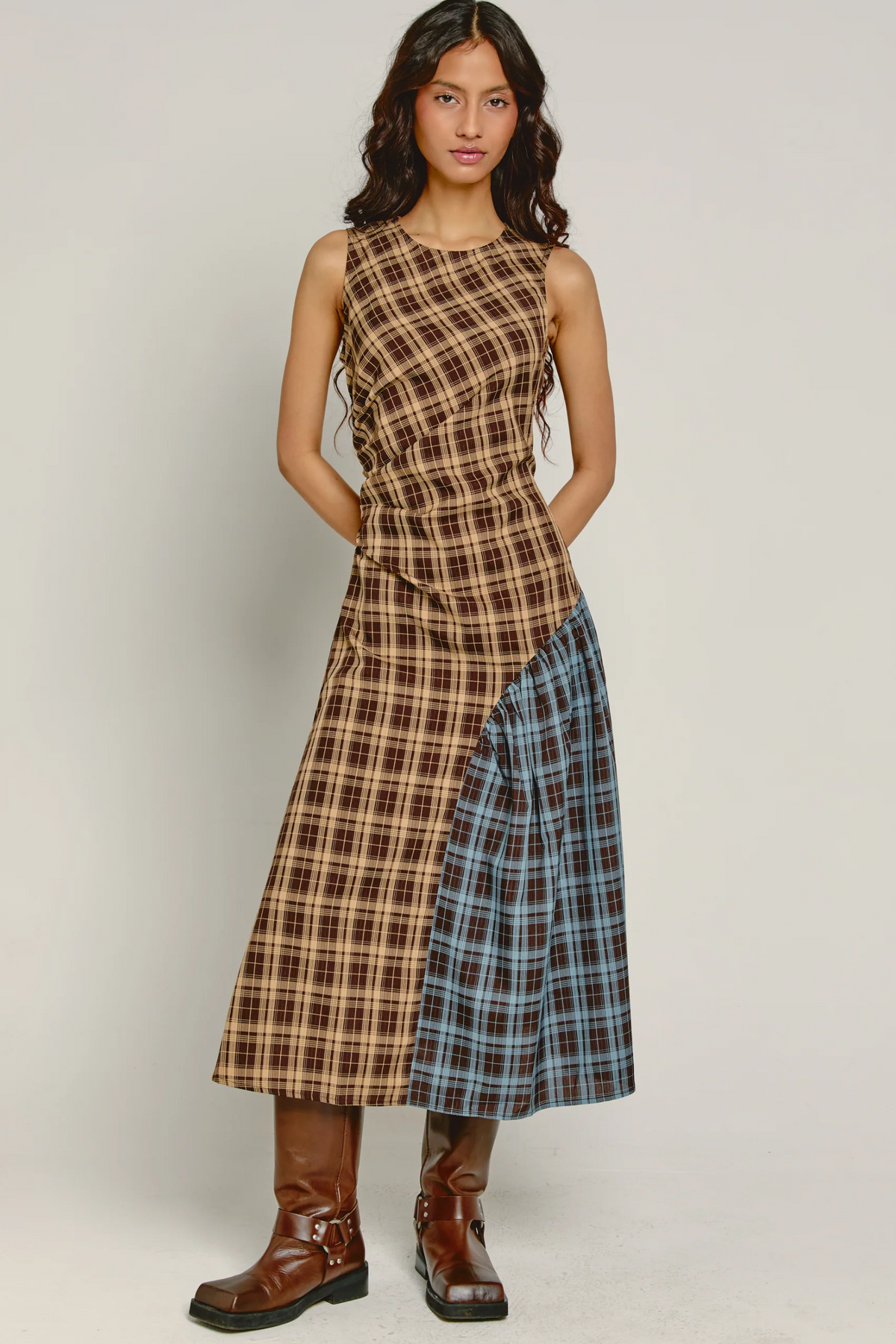 Contrast Check Panel Midi Dress
