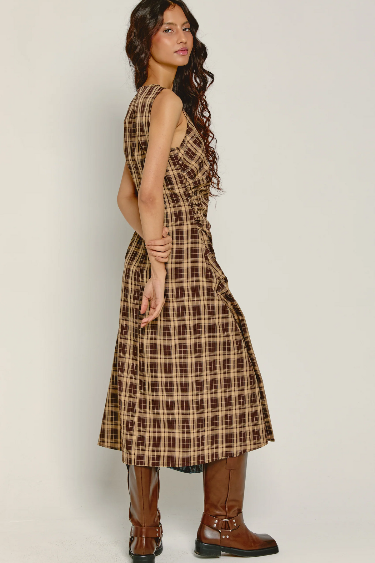 Contrast Check Panel Midi Dress