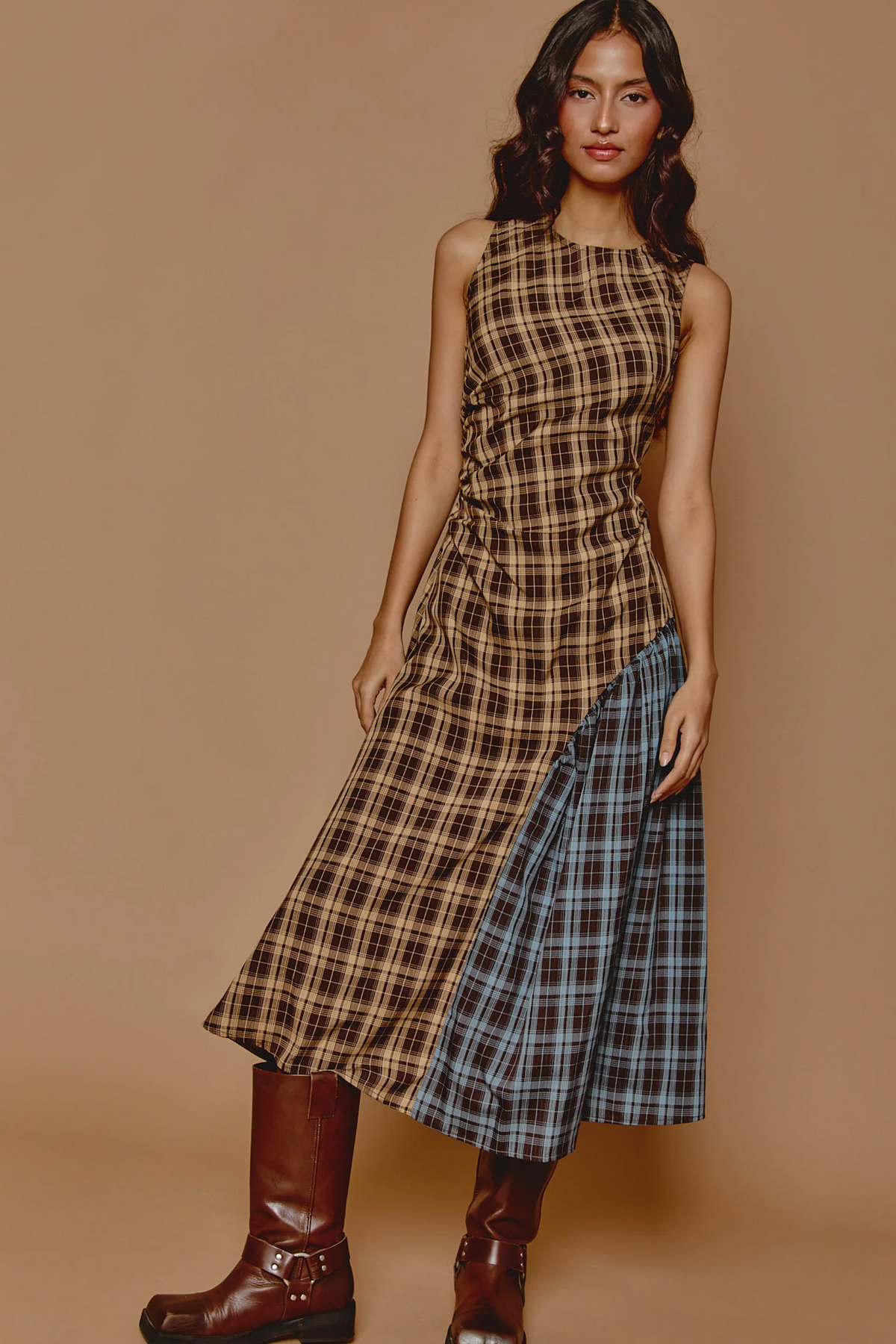 Contrast Check Panel Midi Dress
