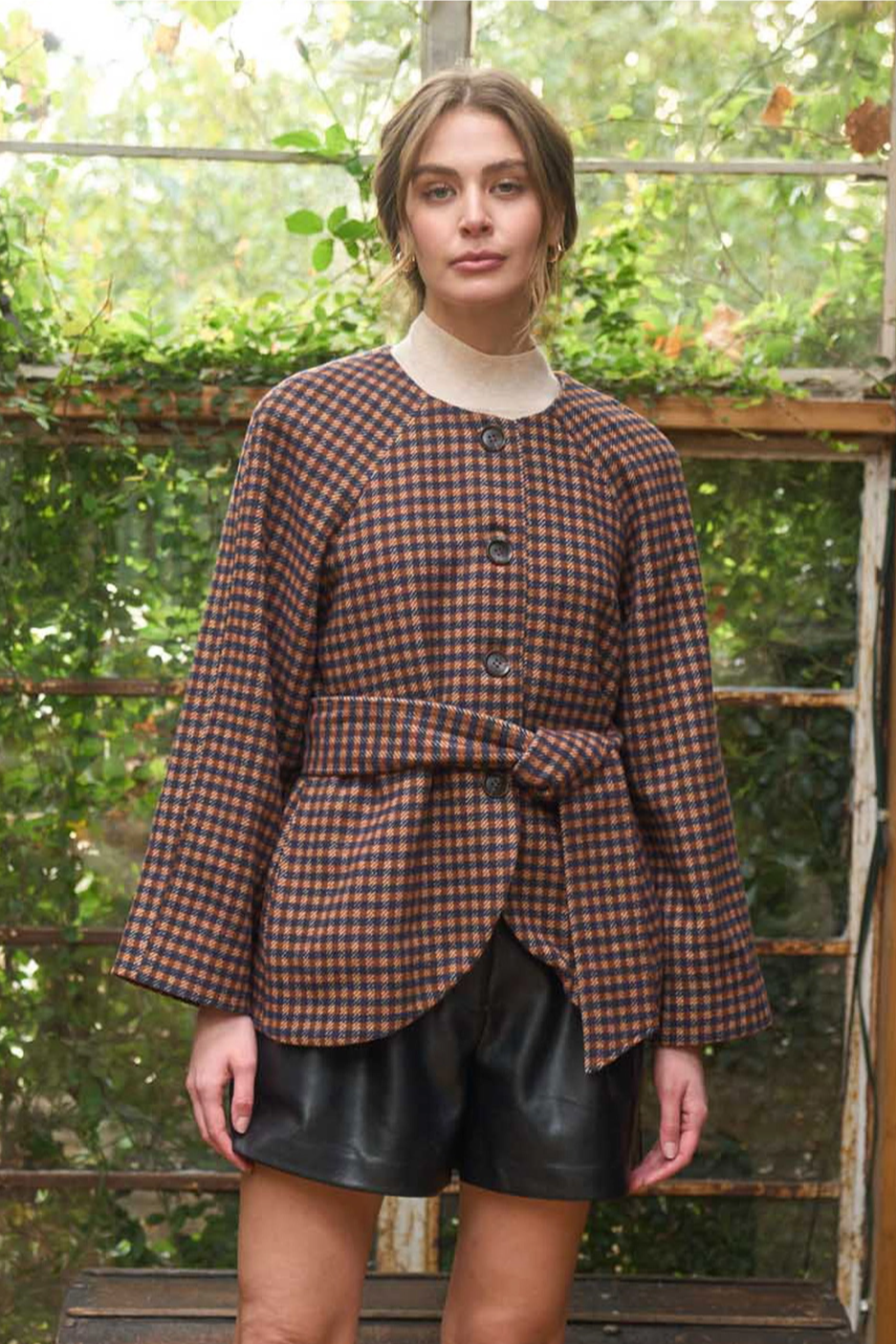 Round Neck Waist Tie Plaid Jacket