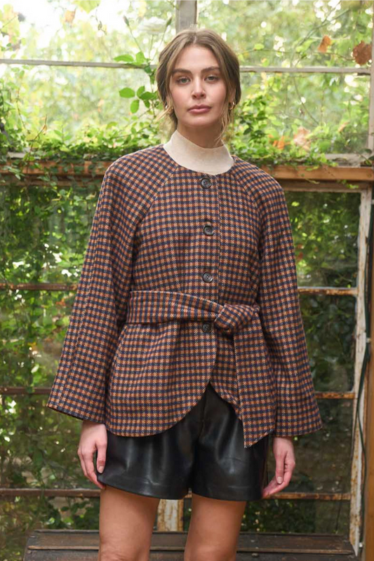 Round Neck Waist Tie Plaid Jacket