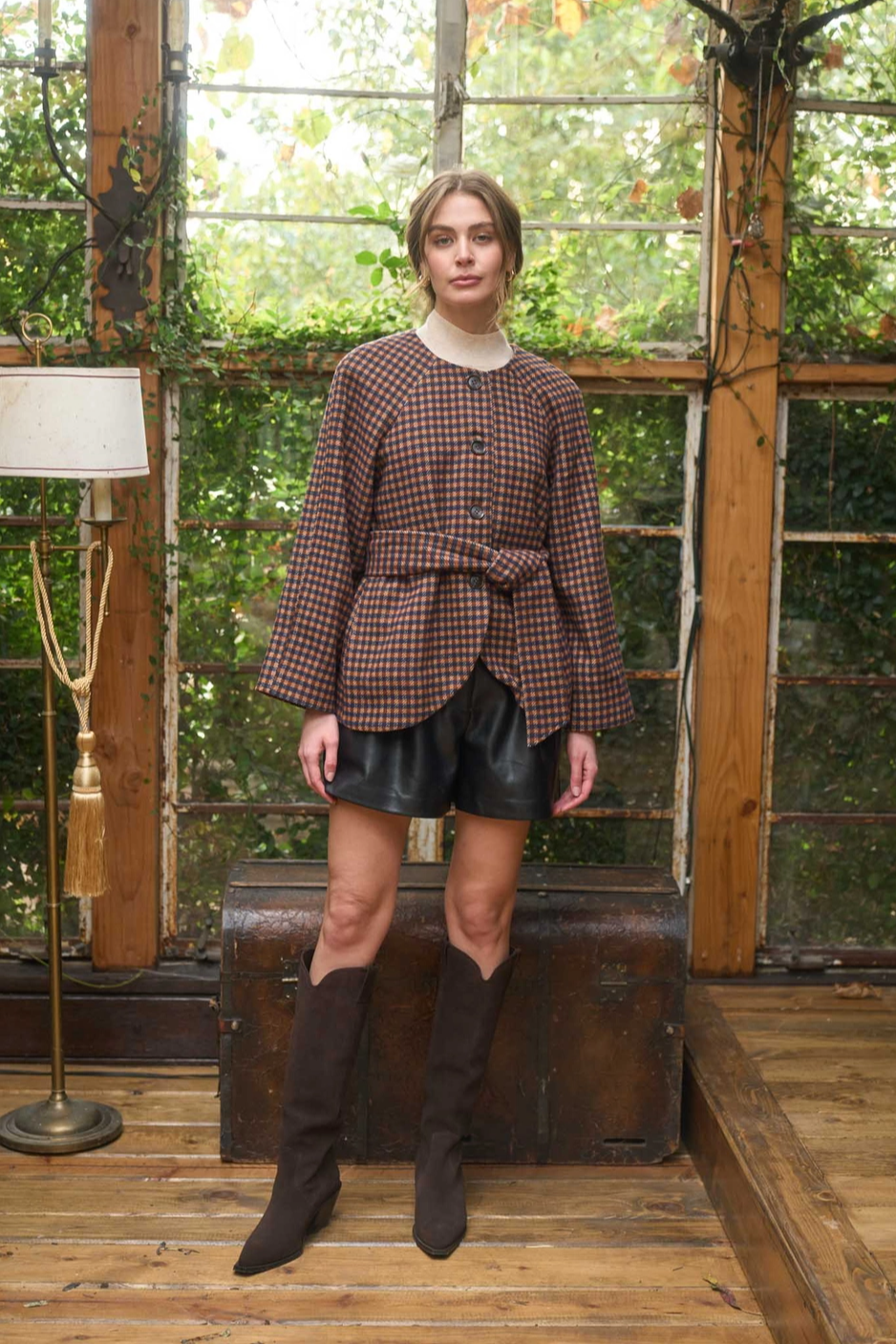 Round Neck Waist Tie Plaid Jacket