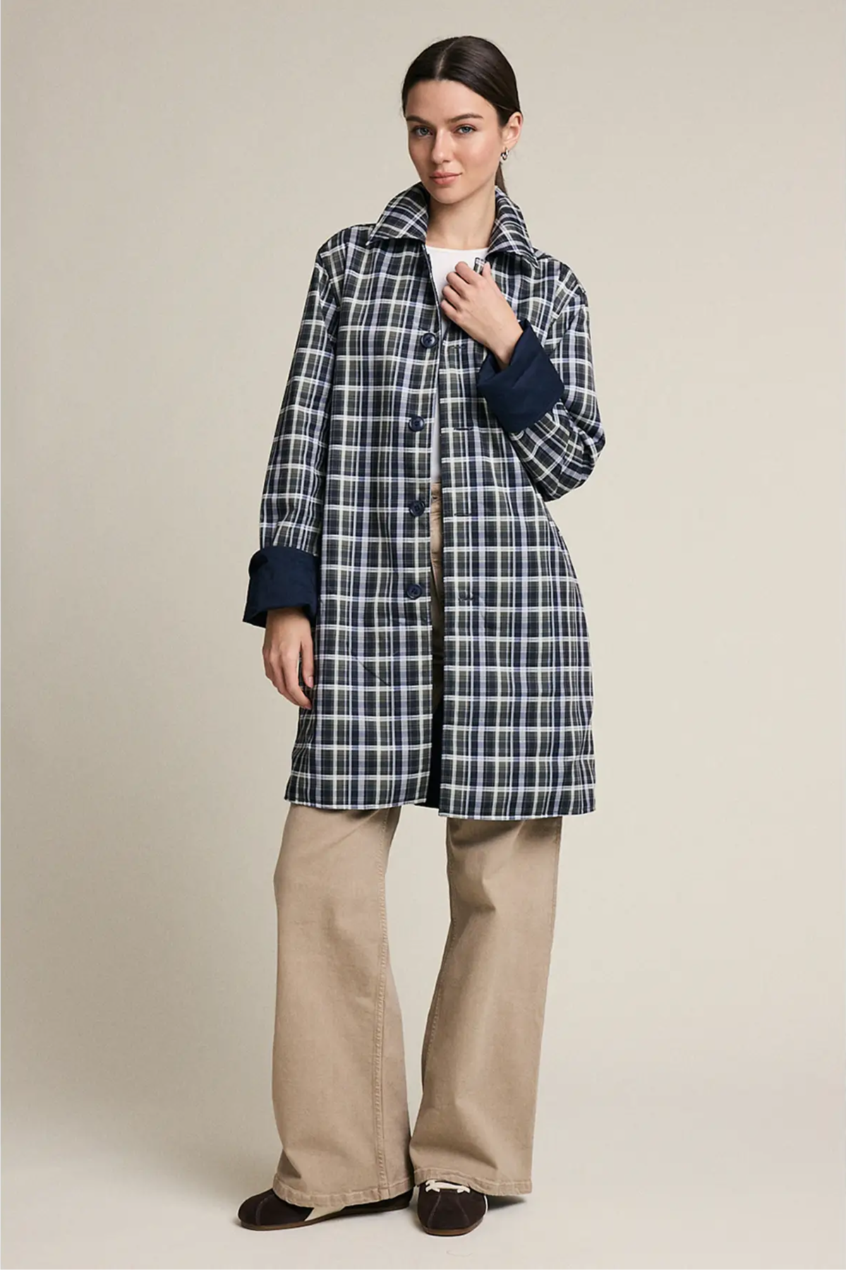 Reversible Plaid Lining Trench Jacket
