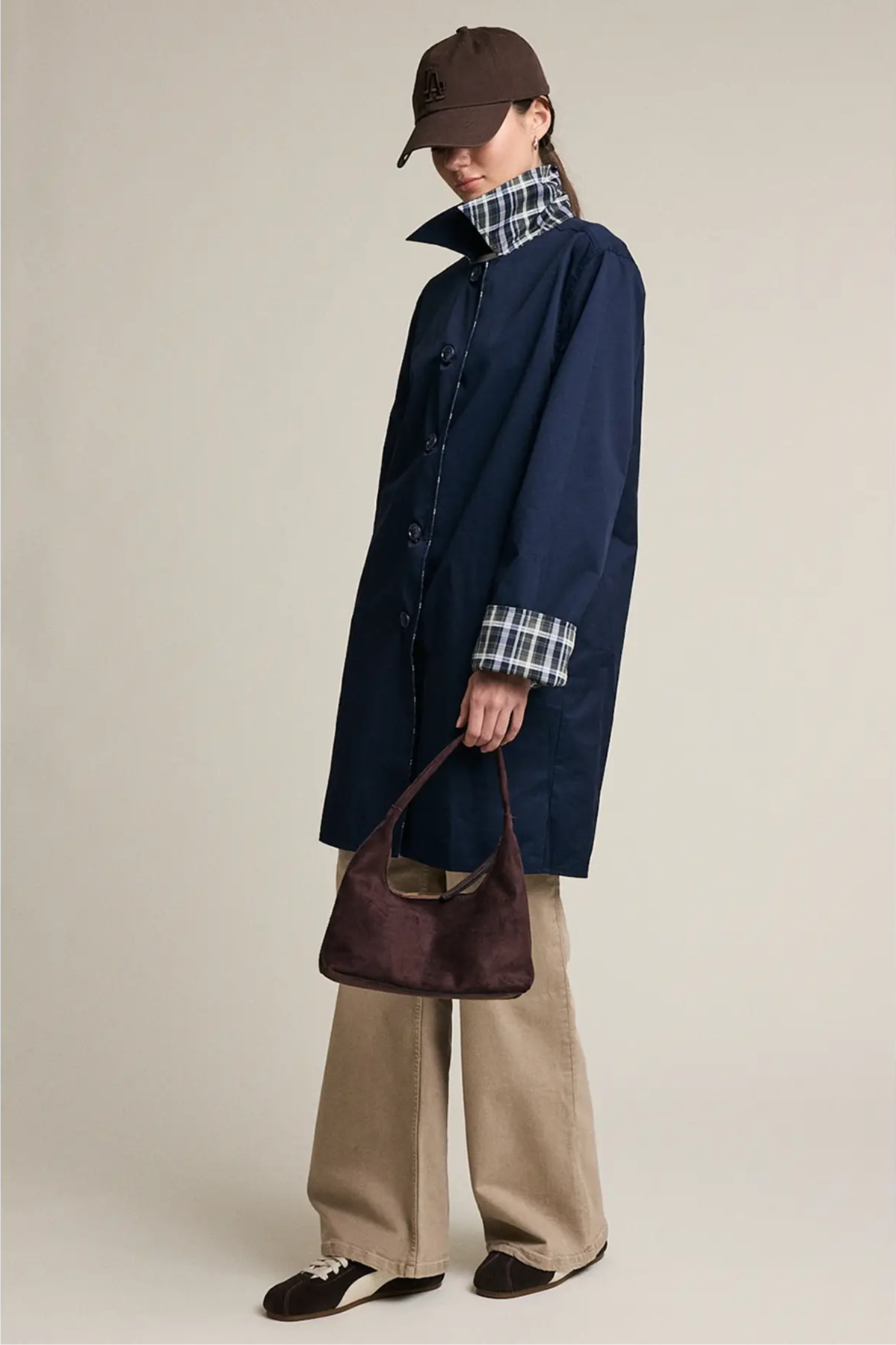 Reversible Plaid Lining Trench Jacket