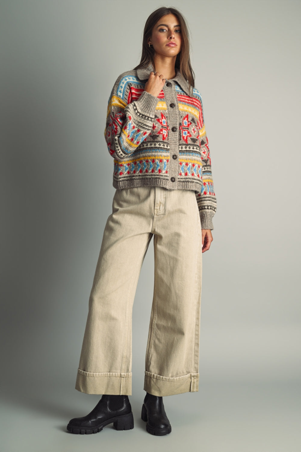 Folk Pattern Button Down Sweater