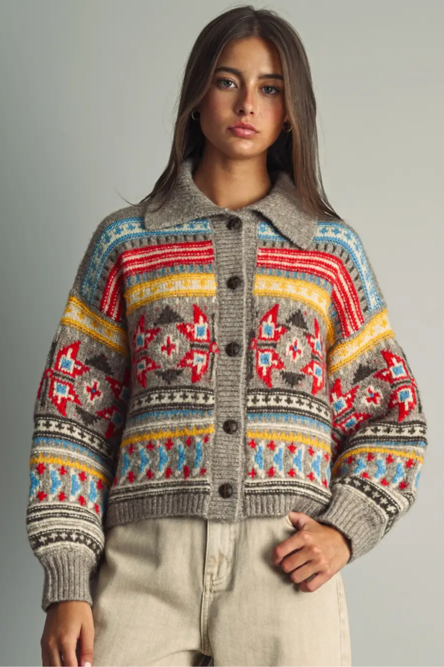 Folk Pattern Button Down Sweater