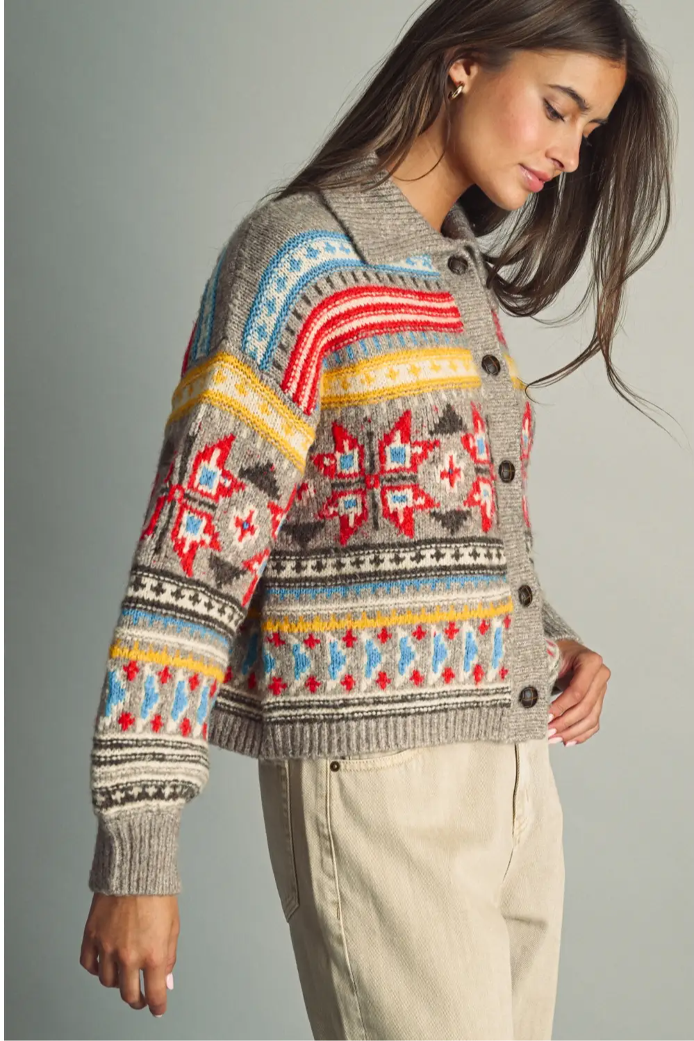 Folk Pattern Button Down Sweater